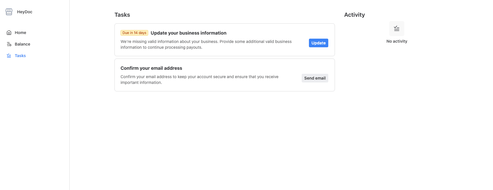 Stripe dashboard showing pending tasks