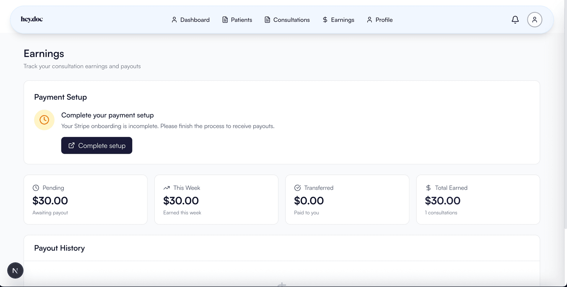 Earnings page with Complete setup button