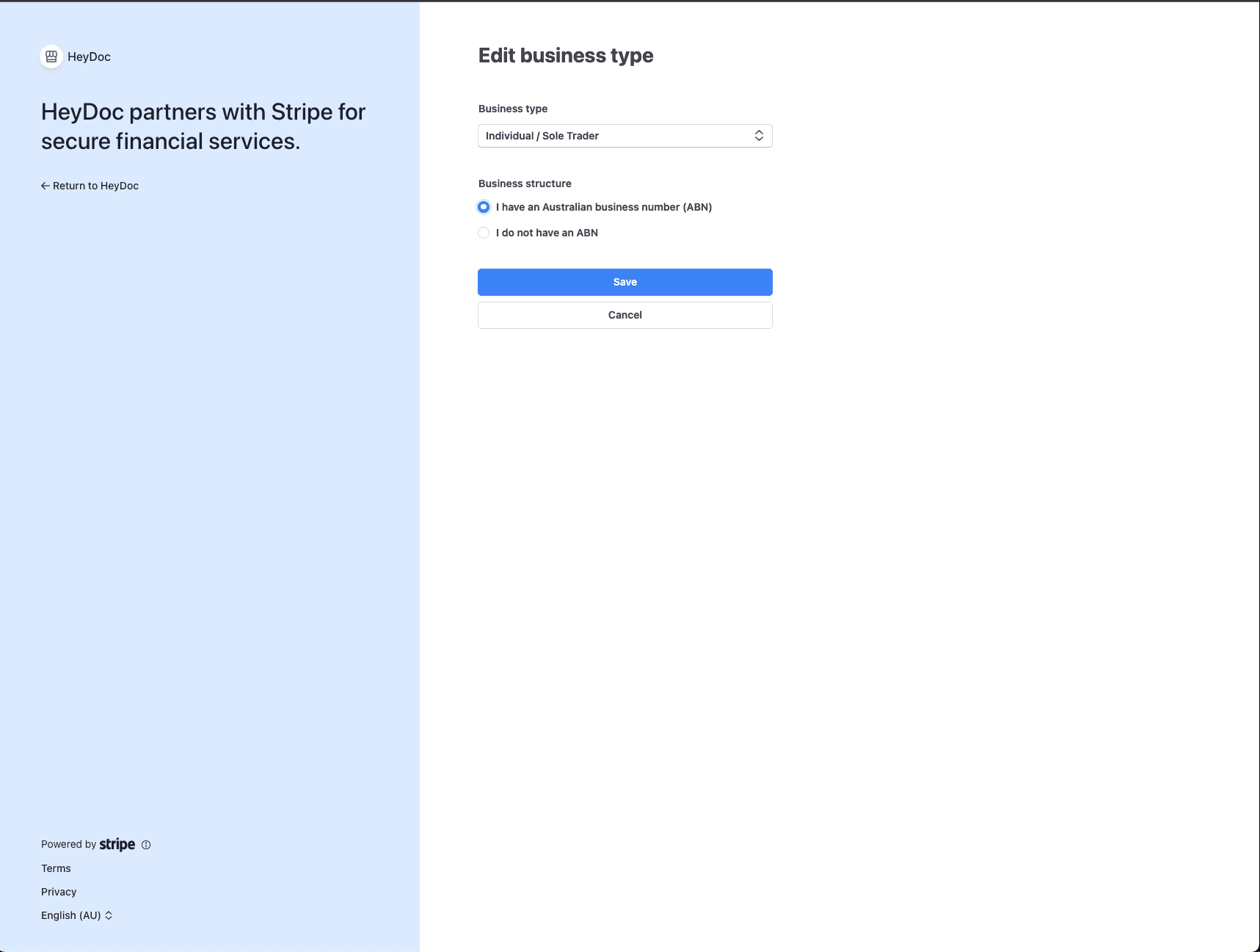 Stripe ABN declaration form