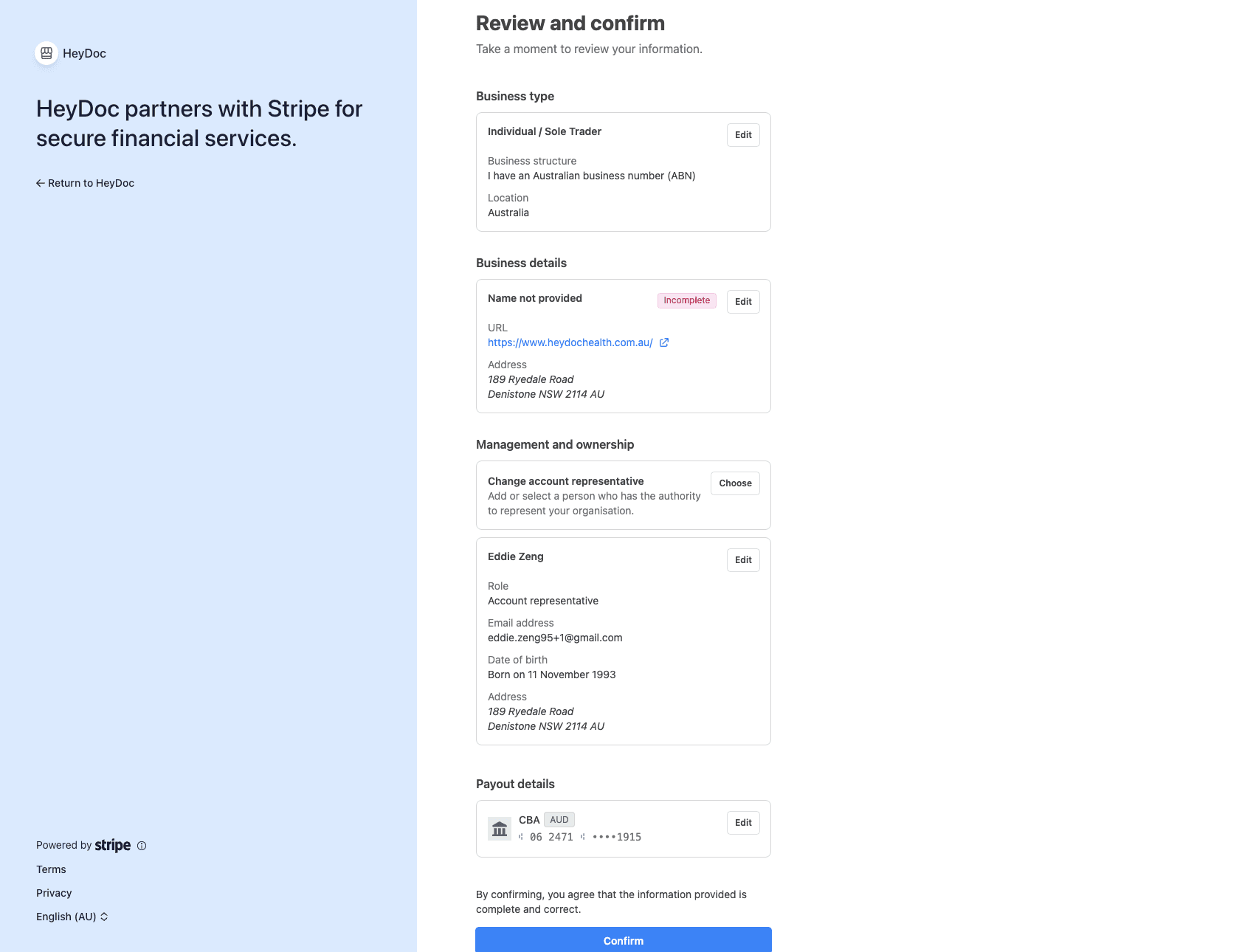 Stripe review and confirm page