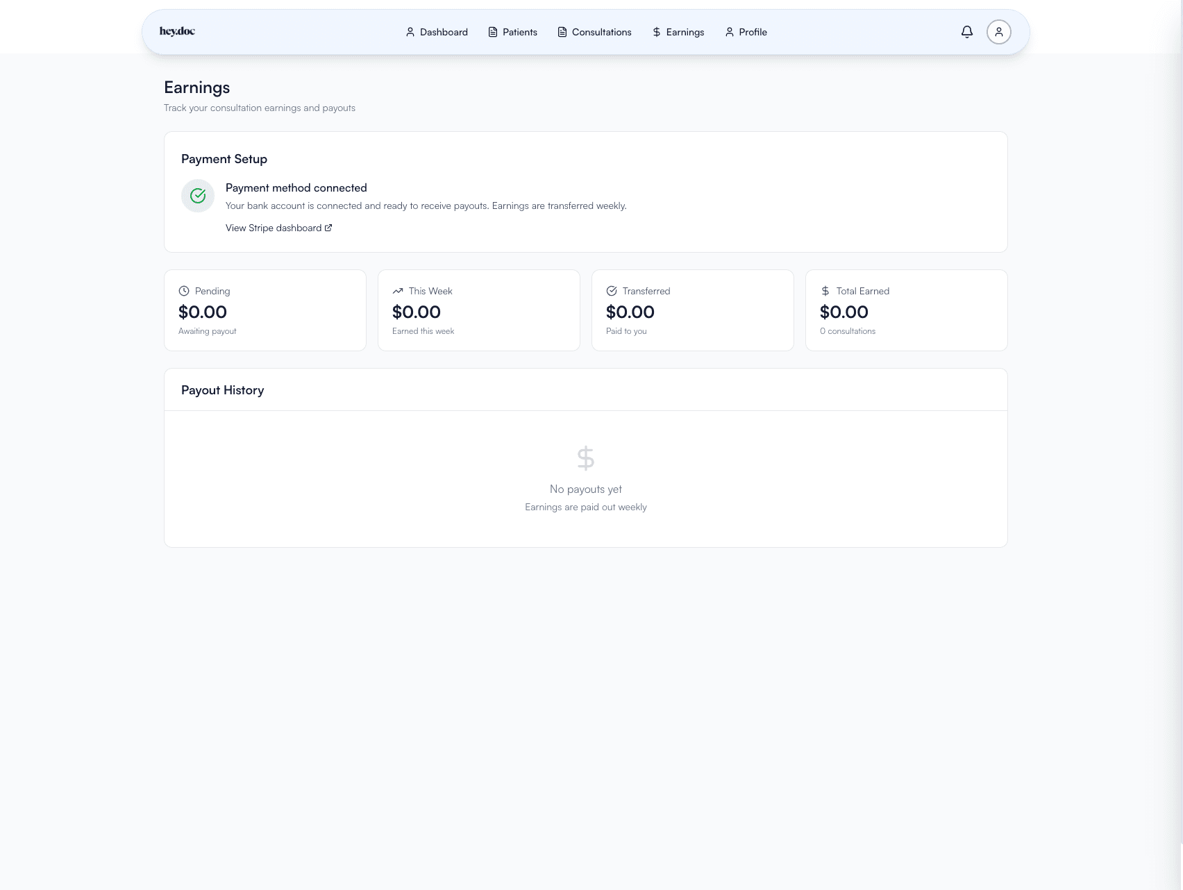 HeyDoc earnings page showing payment method connected